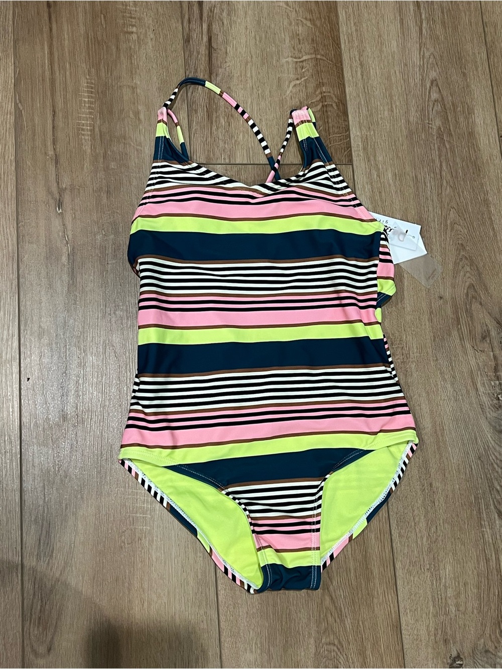 Raisins Navy, Pink & Lime Girls' Stripe One-Piece Swimsuit size 12 NWT